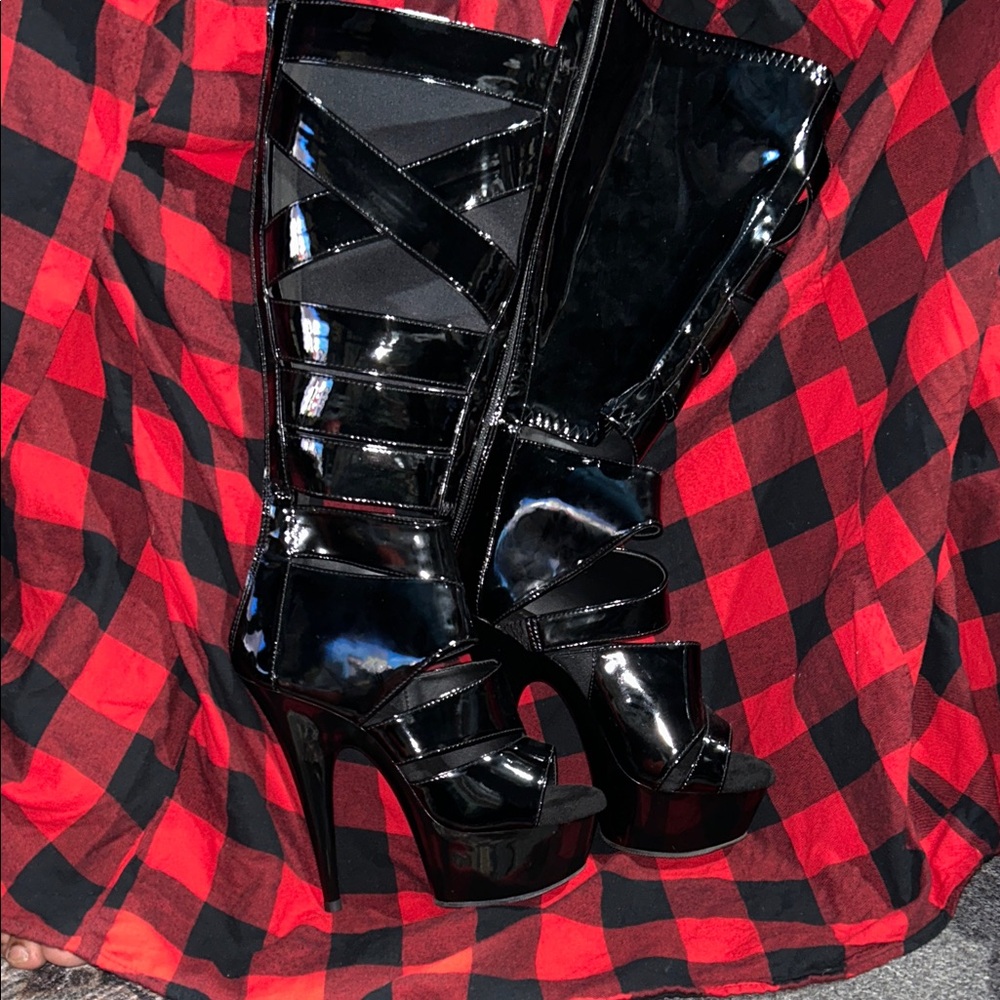Pleaser Black Patent Heeled Boots